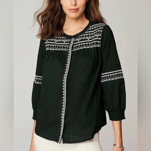 J Jill Women’s Embroidered Detail Black Top smocked sleeves Medium